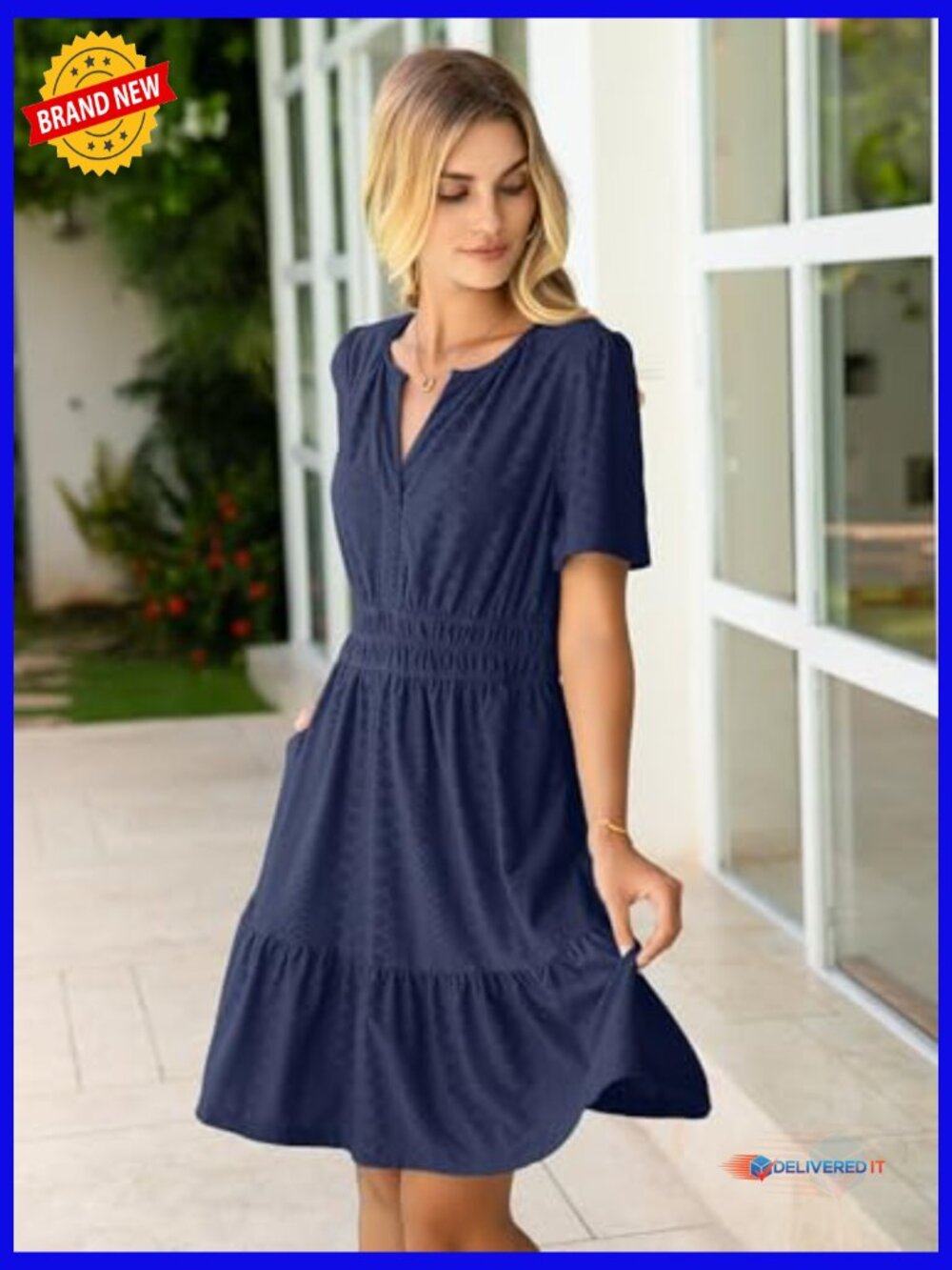 A-Line Mini Dress with Pockets Eyelet Short Sleeve Casual Summer Dress - Picture 2 of 7